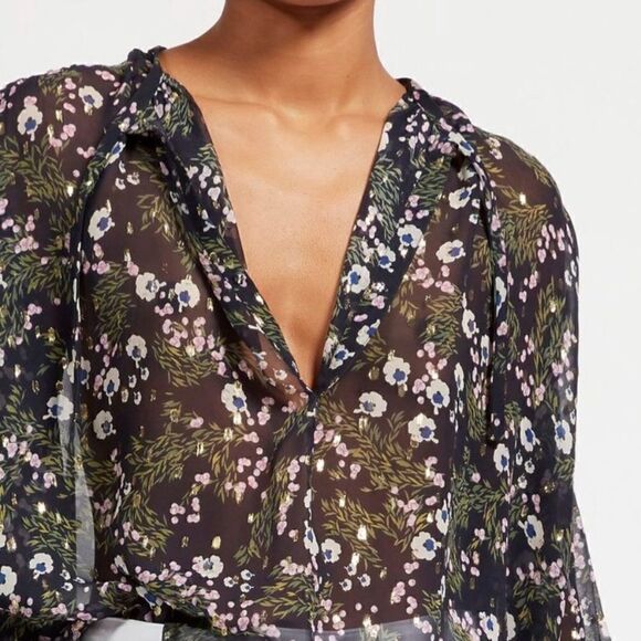 Isabel Marant Mia Silk Blue Midnight Blouse Floral Long Sleeve Size 4 - Picture 3 of 13